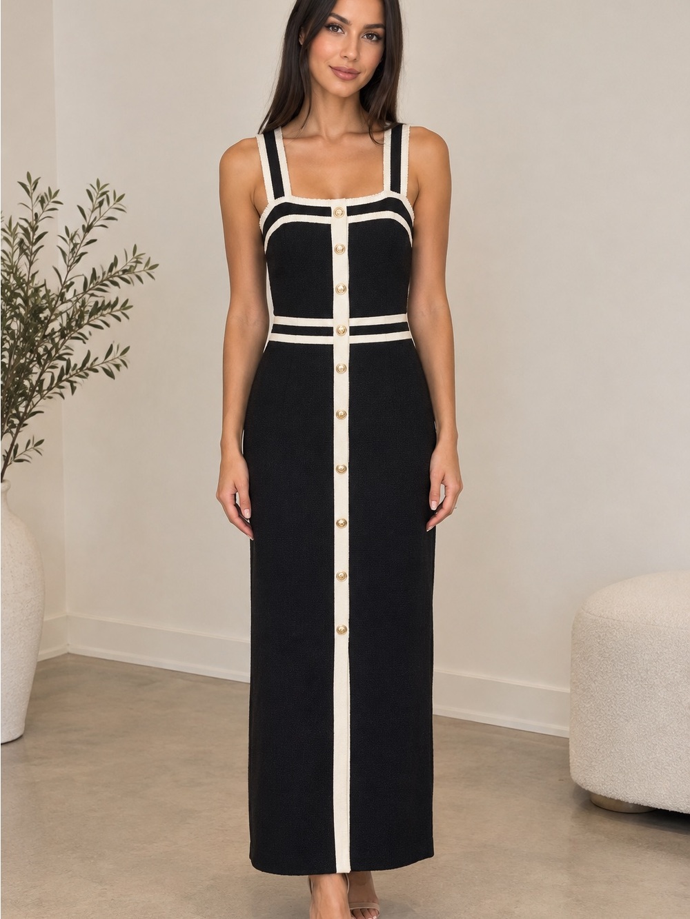 Elegant Black Knit Maxi Dress with Cream Trim